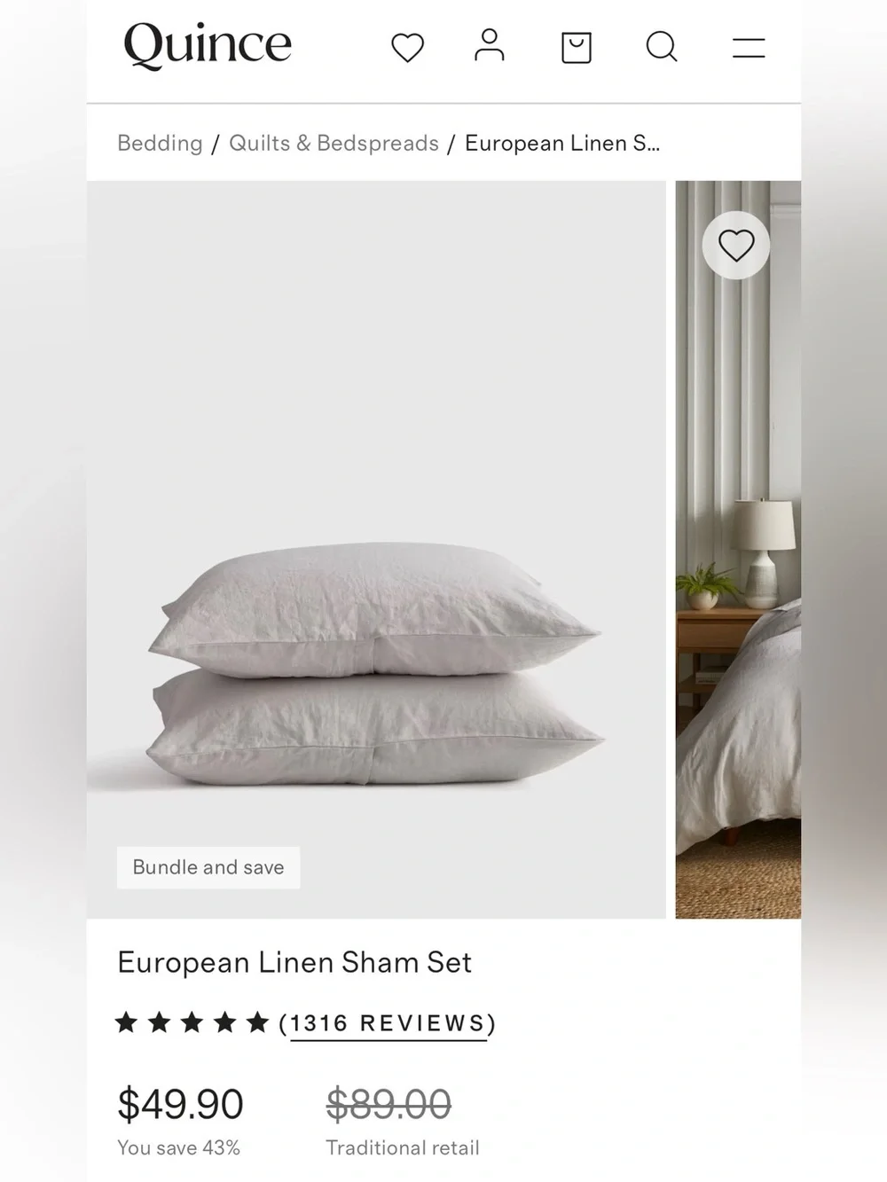 NWOT Quince European Linen King Sham Set in Light Grey